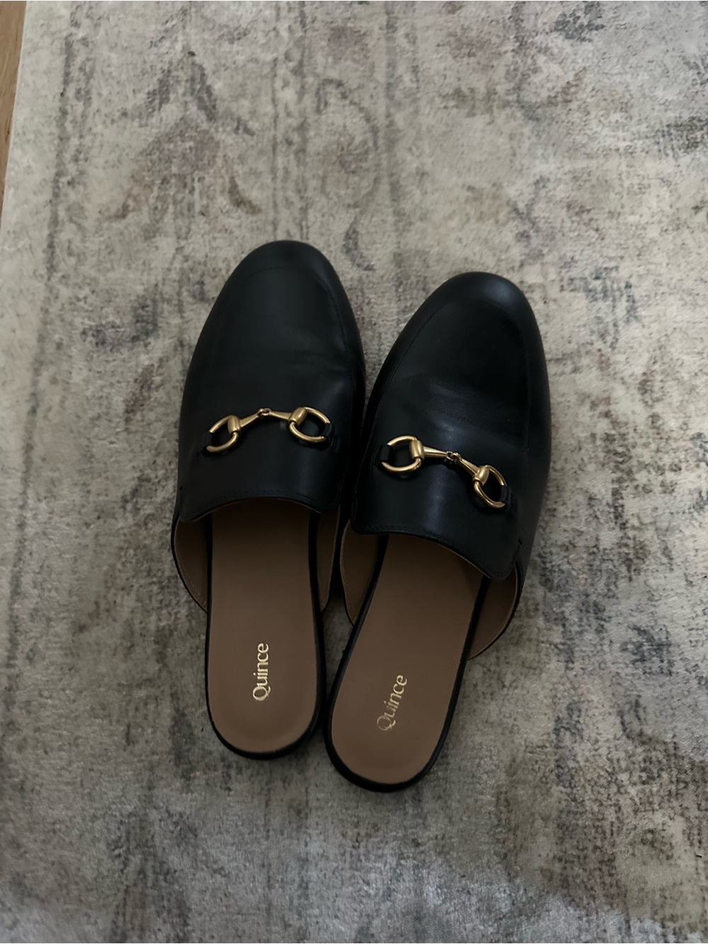 Quince Black Leather Backless Mules with Gold Horsebit Detail